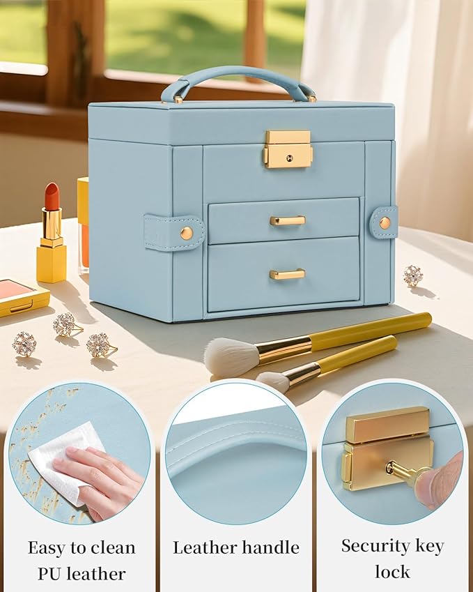 TORIBIO Jewelry Box for Women, Leather Jewelry Organizer with Mirror & Lock, 3-Tier Jewelry Storage Organizer with 2 Drawers 