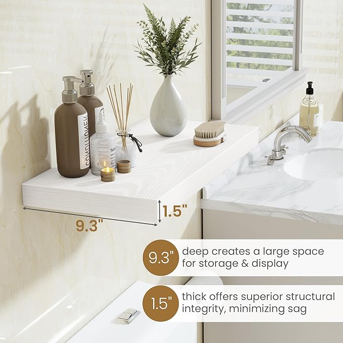 Fun Memories 55 Inch Floating Shelves in White, 9.3 Inch Deep Floating Shelf for Bathroom Living Room Kitchen, Rusitc Wall Mo