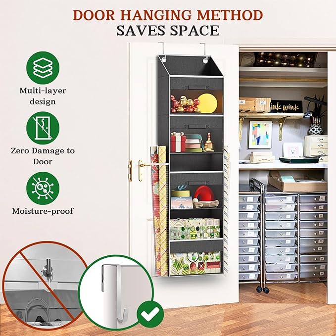 Over Door Wrapping Paper Organizer Storage with 3 Removable Drawers & Side Pockets – Dual Use Design with Elastic Straps – Ch