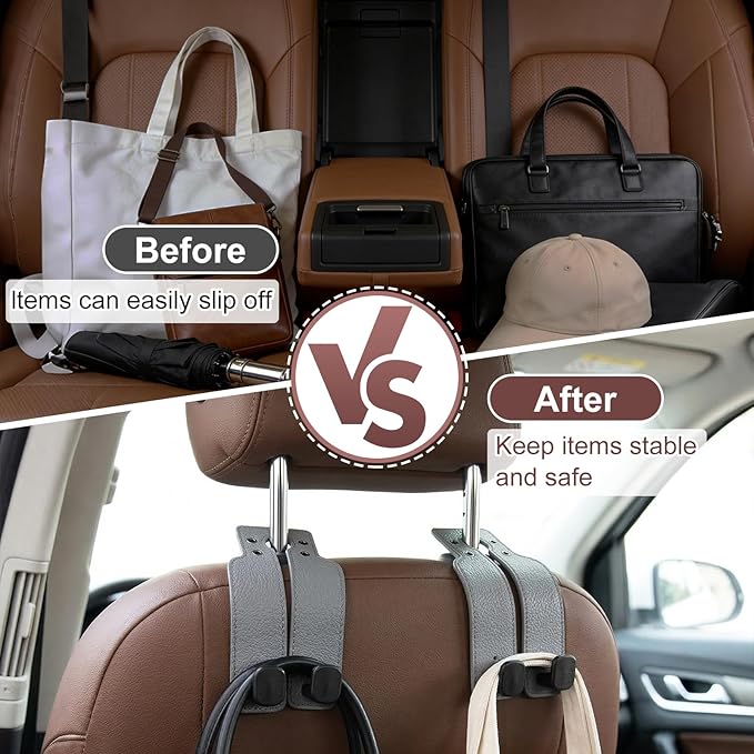 Headrest Hooks for Car, 4 Pack Car Seat Back Organizer Storage Hook, Double Hook Leather Car Seat Hooks for Purses and Bags, Groceries, and Accessories (Black*2+Brown *2)