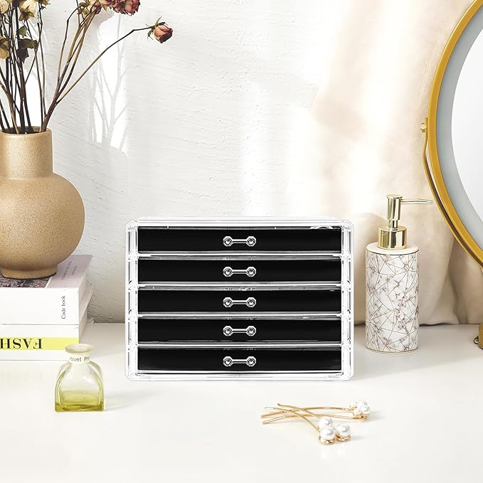 ProCase Earring Holder Organizer Jewelry Box with 5 Drawers, Acrylic Clear Earring Case with Adjustable Velvet Trays for Wome