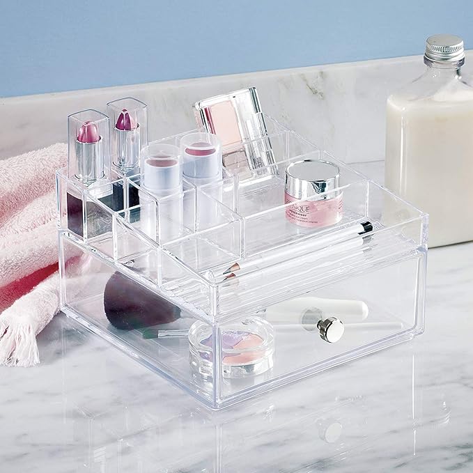iDesign Clarity BPA-Free Plastic Organizer Drawer with Divided Tray, 6.97" x 6.5" x 3.94", Clear