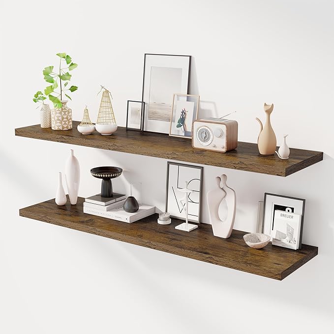 Dreamland 55" Floating Shelves for Wall, 12" Deep Slim Rustic Brown Floating Shelves, Wall-Mounted Shelves for Bedroom, Livin