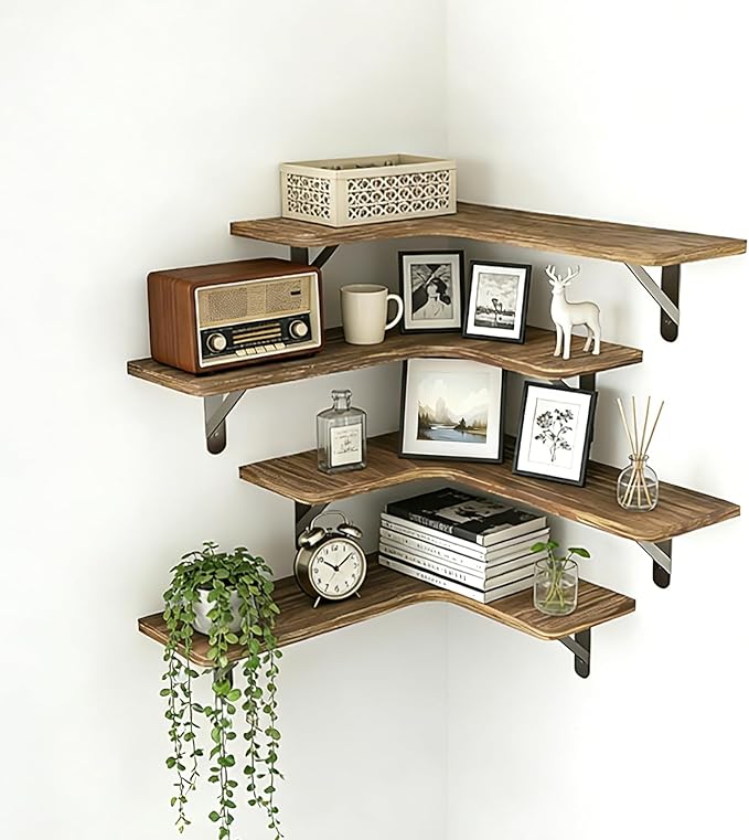 Corner Floating Shelves Wall Mounted Set of 4, Rustic Wood Corner Shelves for Bedroom Living Room Bathroom Kitchen Storage an