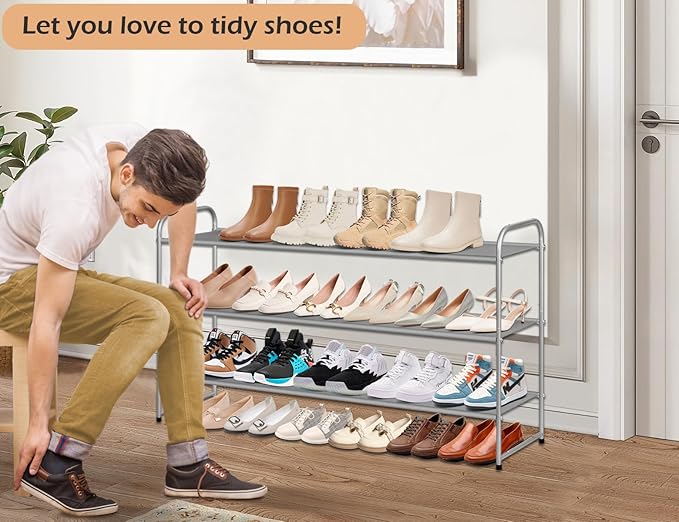 MISSLO Long 3 Tier Shoe Rack for Closet Shoe Organizer Storage Stackable Wide Shoe Shelf Holds 24 Pairs of Men Sneakers, Wome
