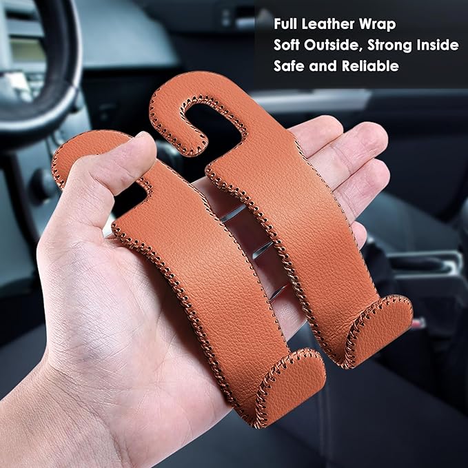 Leather Hooks for Headrest - Fully Leather-Wrapped U-Shaped Purse Holder for Car, Flexible Seat Back Organizer & Durable Car Accessories for Purses, Bags, Coats & More (Brown, 2 Pack)