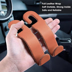Leather Hooks for Headrest - Fully Leather-Wrapped U-Shaped Purse Holder for Car, Flexible Seat Back Organizer & Durable Car Accessories for Purses, Bags, Coats & More (Brown, 2 Pack)
