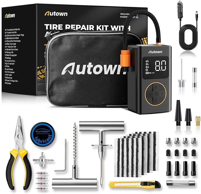 AUTOWN Flat Tire Repair Kit with Air Compressor 54 Pieces for Car, Motorcycle, ATV, Jeep, Truck, Tractor Flat Tire Repair (54