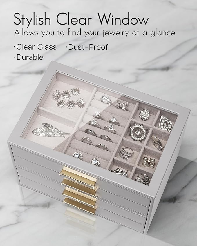 Vlando 4 Layer Jewelry Box for Women, Glass Lid Jewelry Organizer with 4 Drawers for Necklaces Rings Earrings Bracelets - Gre