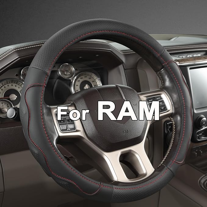 West Llama Customized Auto Car Steering Wheel Cover with 3D Texture for Dodge RAM 1500 2500 3500, 15.5-16 inch (Black+Red Lin