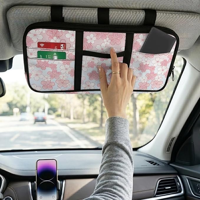 Sun Visor Organizer for Trucks,Cherry Blossom Design Scratch-Resistant Car Sun Visor Storage Bag Auto Sunshade Organizer Bag with Zipper