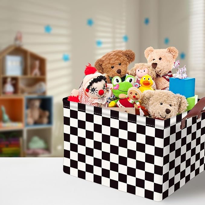 Checkered Storage Basket Waterproof Canvas Toy Storage Bin Race Car Room Decor Collapsible Outdoor Basket with Leather Handle