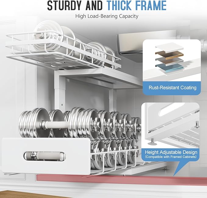 Under Sink Organizer Upgrade To Professional Rails,2-Tier Dual Pull Out Cabinet Storage,Height Adjustable Slide Out Drawers F