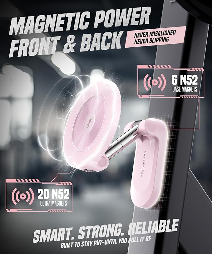 GolbinBox Magnetic Gym Phone Holder for MagSafe, All Metal Dual-Magnet Mount for iPhone and Android, 360° Adjustable Tri-Axis, Gym Essentials for Bodybuilder Men Women Recording Fitness Exercise, Pink