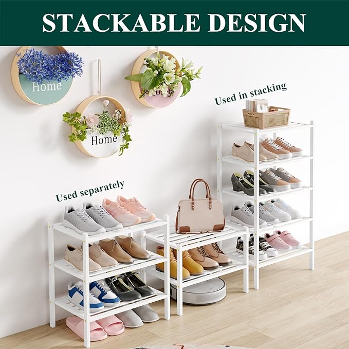 Smiry Small Bamboo Shoe Rack 5-Tier, Stackable Wooden Shoe Organizer for Entryway & Closet, Free Standing Wood Shoe Storage S