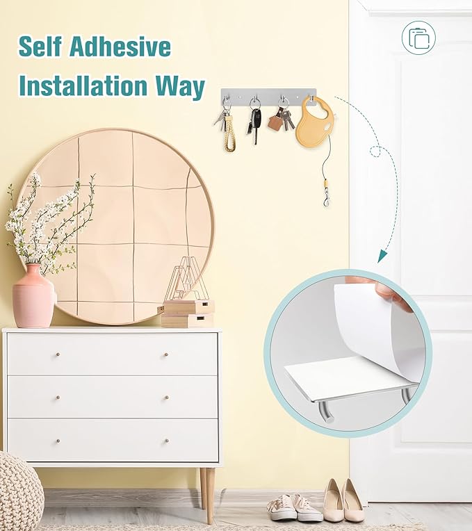 RELBRO Key Holder Wall Mount, Large Metal Self Adhesive Key Rack with 4 Hooks, 2 Installation Options, Silver