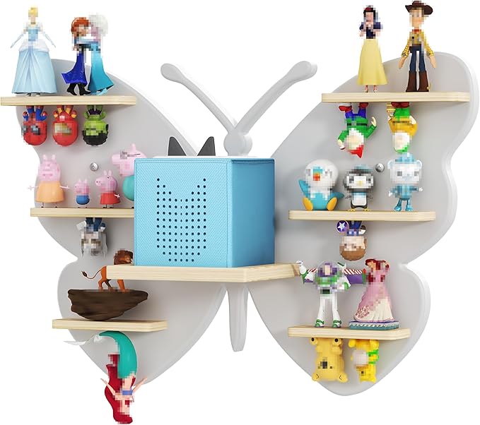 White Butterfly Tonie Shelf Wall Mounted - Tonies Wall Shelf for Toniebox, Charging Station, Magnetic Wood Display Floating S