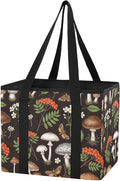 Sinestour Forest Mushrooms Berries Black print Reusable Foldable Grocery Tote Bag Heavy Duty Shopping Storage Bag with Reinfo