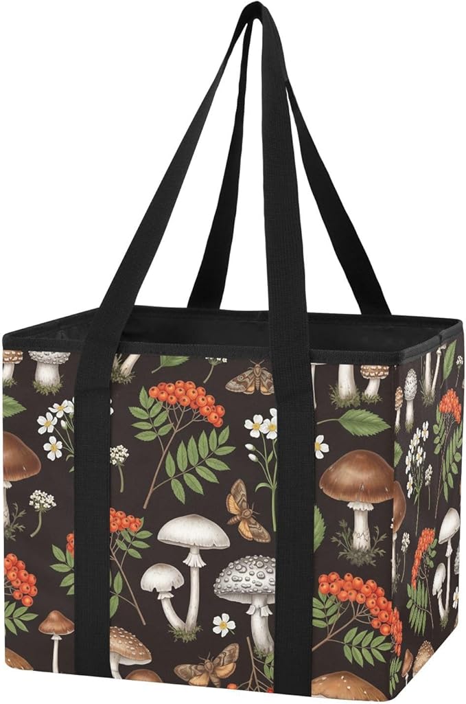 Sinestour Forest Mushrooms Berries Black print Reusable Foldable Grocery Tote Bag Heavy Duty Shopping Storage Bag with Reinfo