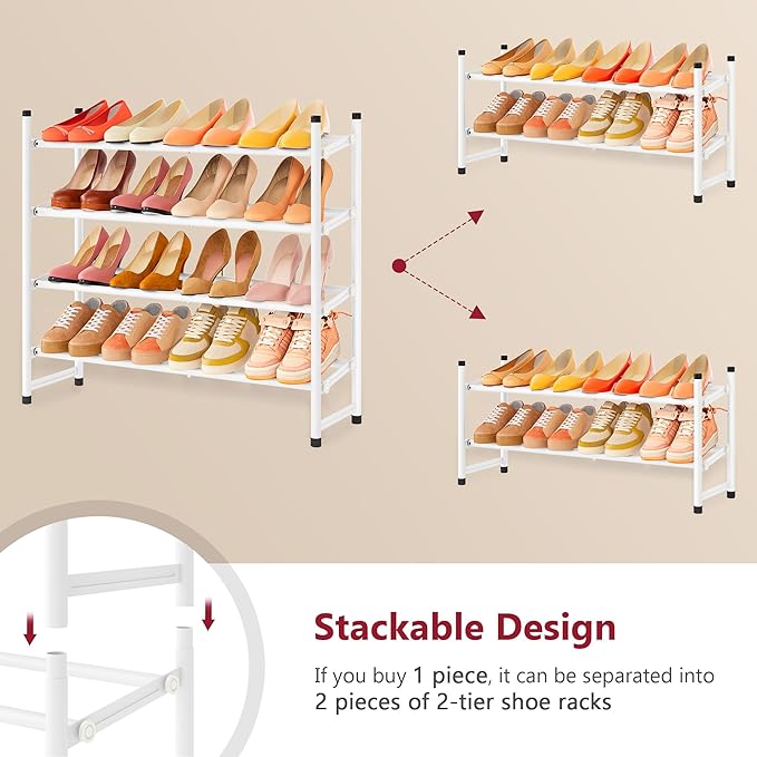 Tajsoon Expandable Shoe Rack for Closet 4 Tier, 29“-41“Adjustable & Stackable Shoe Shelf Storage, Metal Shoe Rack Organizer f