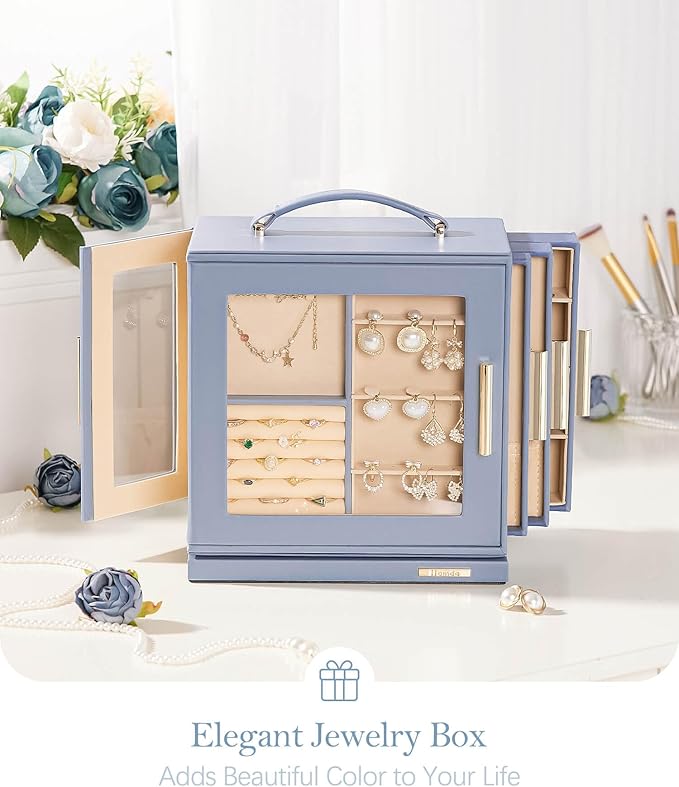 Homde Jewelry Box 360° Rotating, Necklace Earring Organizer with Transparent Window, Mirror, 7 Drawers, Large Ring Display St