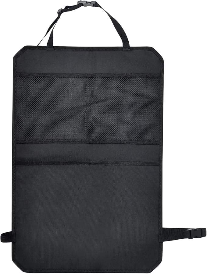 Back Seat Cover for Kids – 2 Mesh Pockets + 1 X-Large Storage Organizer, Waterproof Car Seat Back Protector for Vehicles, Protects Upholstery from Dirt, Mud & Scratches, Black (1)