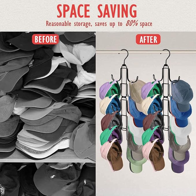 Hat Organizer for Closet, Collapsible Caps Rack with 10 Rotatable Large Hooks, Holds Up to 40 Baseball Caps, Metal Space Savi