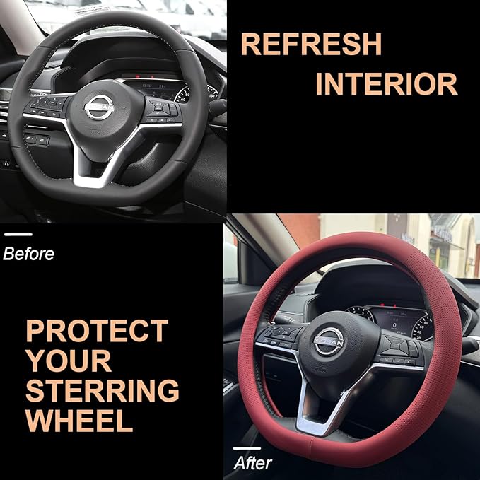 PINCTROT D Shaped Nappa Leather Steering Wheel Cover, Slim Fit No Bulk Design, One Piece Leather with Breathable Perforation,