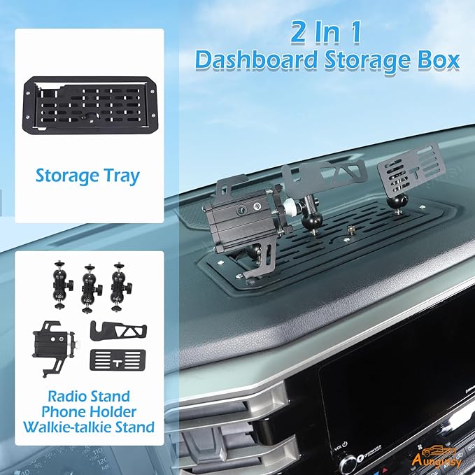 Aunginsy Center Console Dash Storage Organizer Tray Compatible with Toyota Tundra/Sequoia 2022-2026, Dashboard Storage Box with Phone Holder/Walkie-Talkie Stand/Radio Stand Insert Mounted Accessories