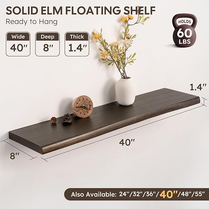 Live Edge Floating Shelf, 40 Inch Rustic Solid Elm Wood - Walnut Brown Finish with Invisible Brackets, Wall Mounted for Livin