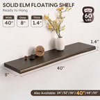 Live Edge Floating Shelf, 40 Inch Rustic Solid Elm Wood - Walnut Brown Finish with Invisible Brackets, Wall Mounted for Livin