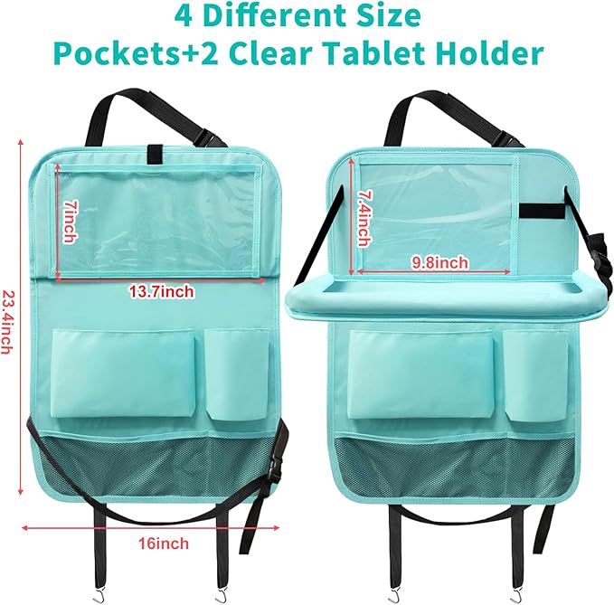 Car Backseat Organizer with Tray, Seat Back Table Holder with 6 Storage Pockets, Car Seat Back Protectors Kick Mats Travel Accessories, 1 Pc Blue