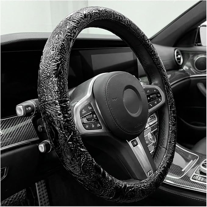 Leather Car Steering Wheel Cover, 15 Inch Anti-Slip Crocodile Pattern Steering Wheel Wrap with Rose Grain, Comfortable Grip W