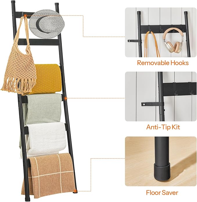 HOOBRO Blanket Ladder, 6-Tier Towel Rack with Hooks, Wall-Leaning Blanket Rack, Decorative Display Ladder Shelf, Scarves, Ind