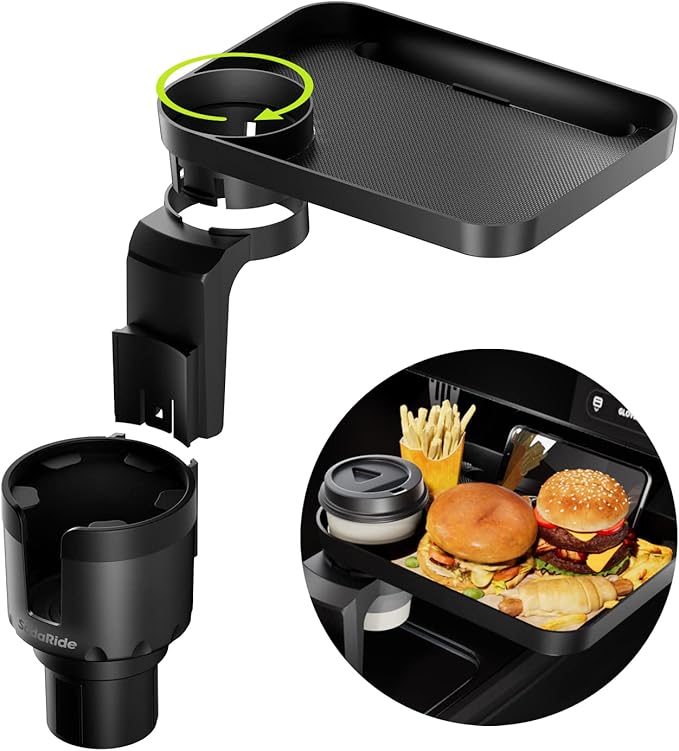 SodaRide Car Cup Holder Tray -Expander- 3 in 1 Detachable Food Table Tray with Solid Base - Road Trip Essentials Accessories 