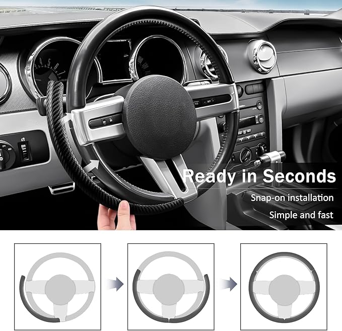 Carbon Fiber Steering Wheel Cover for Ford Mustang 2005-2023, 3 Piece Clip on Set,Carbon Fiber Wrap Anti-Slip Segmented Design,Car Steering Wheel Cover for Men Women（Matte Black