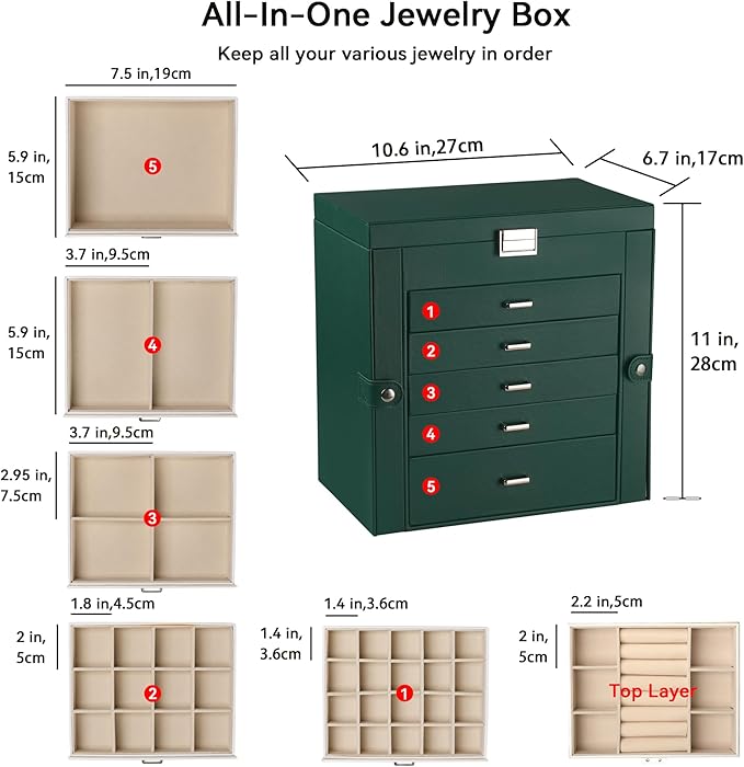 Frebeauty Large Jewelry Box,6-Tier PU Leather Jewelry Organizer,Multi-functional Storage Case with Mirror,Accessories Holder 