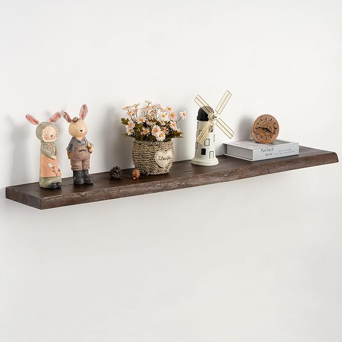 48" Rustic Elm Floating Shelves - Solid Wood Live Edge with Invisible Brackets, Wall Mounted Shelf for Living Room, Kitchen &
