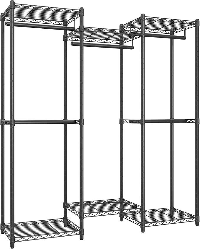 SONGMICS Heavy-Duty Clothes Rack, Garment Rack, Portable Closet, 56.9-Inch Wide Clothing Rack, with Adjustable Mesh Shelves a