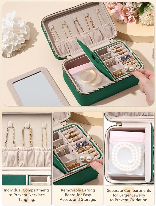 Velvet Travel Jewelry Box with Large Mirror, Double-Layer Jewelry Organizer Case for Women and Girls, Portable Storage Case w