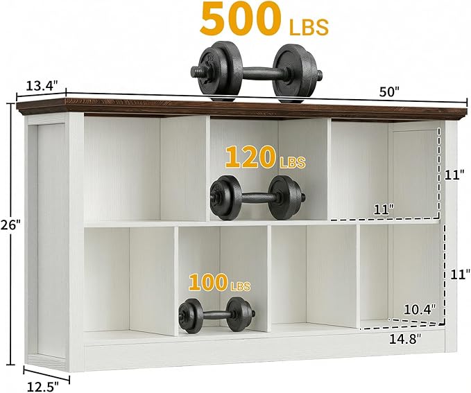 Unikito 7 Cube Storage Book Shelf - 50" Wide Wood Cube Storage Organizer, Wooden 2 Tiers Floor Standing Low Bookcase for Livi