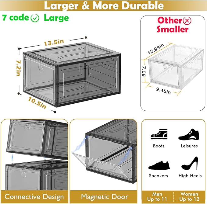7 code Large Clear Shoe Boxes Organizer【Thicker Material】 Stronger Shoe Box with Magnetic Door, Stackable Shoe Storage Box fo