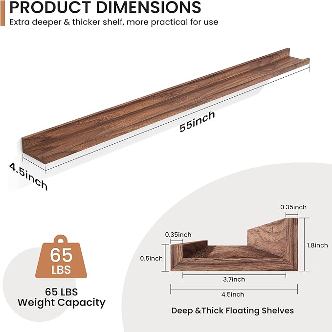 Fun Memories Picture Ledge Shelves Set of 2, 55 Inch Rustic Wall Mounted Floating Shelves with Lip for Home Storage and Décor