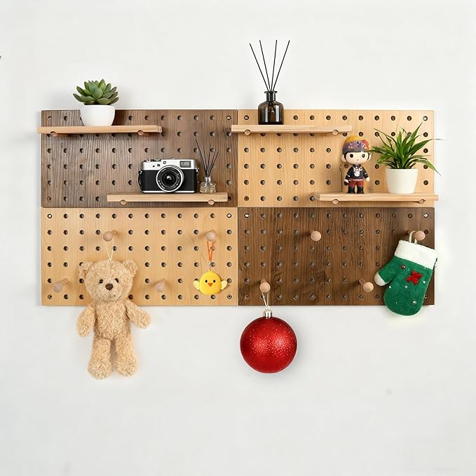 Brown Wood Pegboard Modular Display Wooden Pegboard Combination Wall Organizer Storage Wall Hooks Shelf for Home, Office, Bat