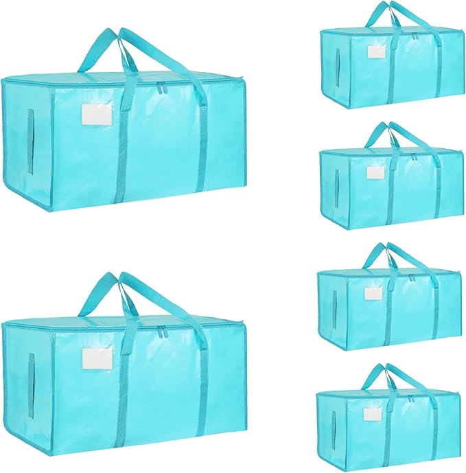 6 Pack-Extra Large Heavy Duty Moving Bags - Waterproof Storage Totes with Handles & Zippers, Foldable for College Dorm, Stora