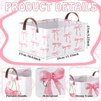 Boao 3 Pcs Coquette Pink Bow Storage Bin Collapsible Large Storage Baskets for Gifts Empty Candy Holiday Decor Canvas Laundry