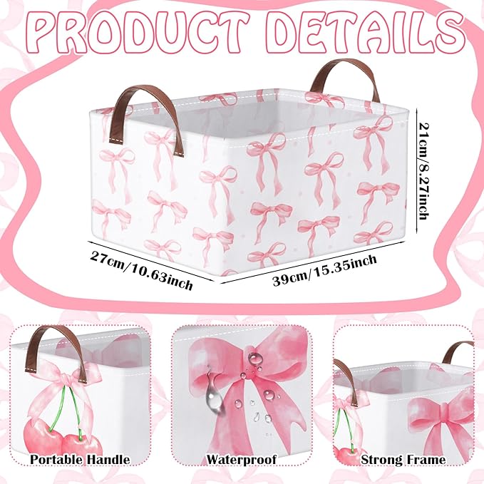 Boao 3 Pcs Coquette Pink Bow Storage Bin Collapsible Large Storage Baskets for Gifts Empty Candy Holiday Decor Canvas Laundry