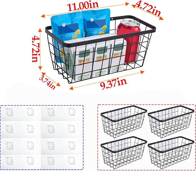 4 set Hanging Wall Basket Organizer,Over the Cabinet Door Wire Baskets for Organizing -Space-Saving Hanging Baskets for Organ