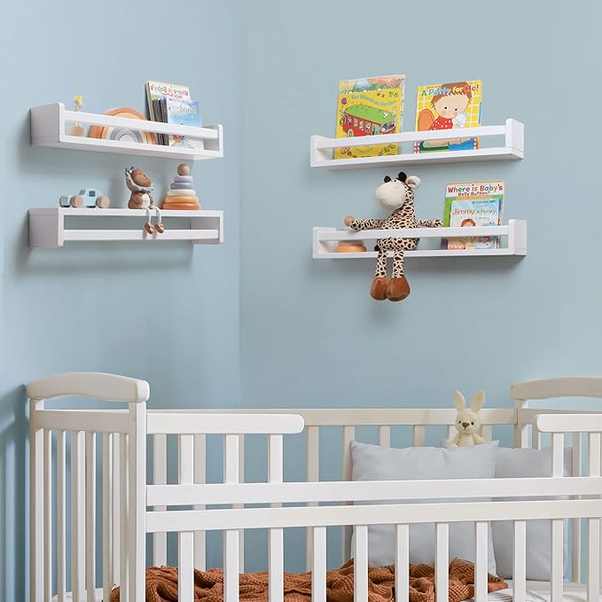 Fun Memories Nursery Book Shelves - Rustic Natural Solid Wood Floating Bookshelf for Kids - Wall Book Shelves for Kids Room (