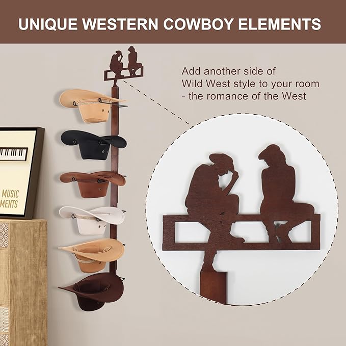 Cowboy Hat Rack Holder for Wall - Wild Western Style Design Hat Organizer with 6 Hat Hooks for Wall Mount, Hat Stand and Hang